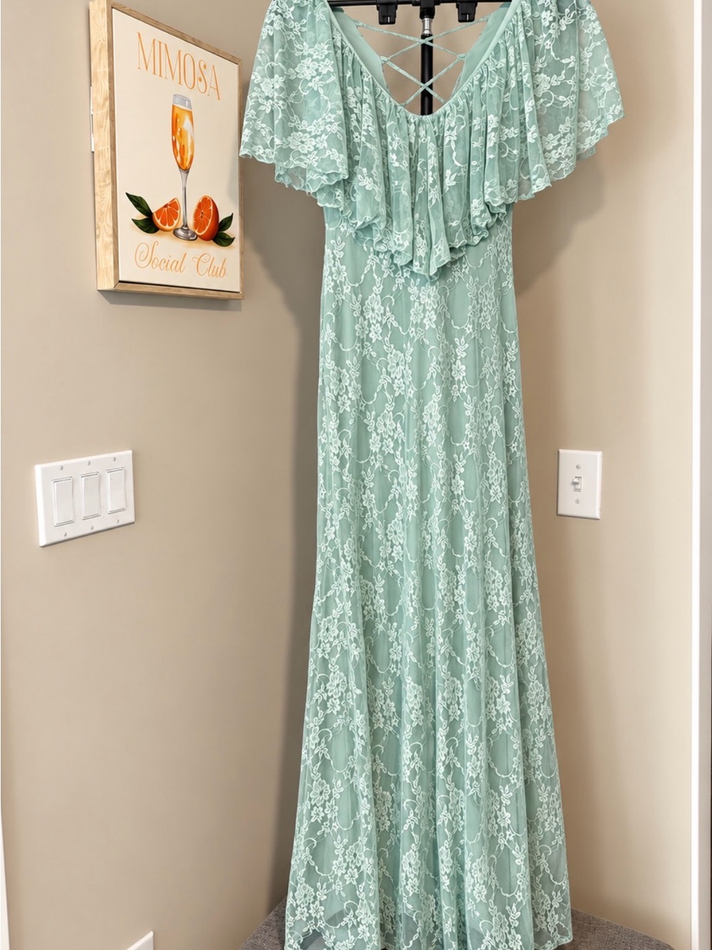 ASOS Mint Lace Ruffle Maxi Dress with Crisscross Back